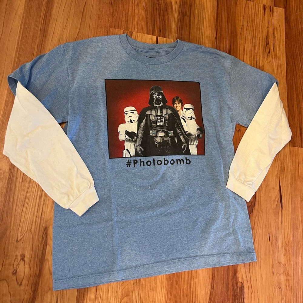 Unique Star Wars Tshirt- Darth with Luke Skywalker Photobomb